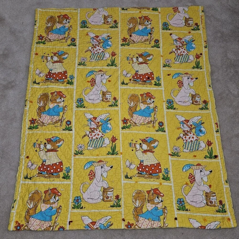 VTG Handmade Yellow Blanket Anthropomorphic Animal Dog Bunny Squirrel 40x48 READ